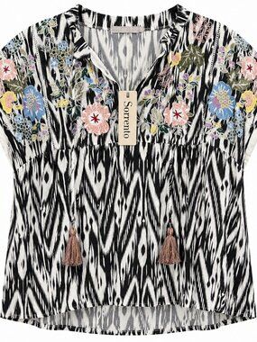 Sorrento Embroidered Ikat Blouse Top Floral Tassels Black White Size M NWT